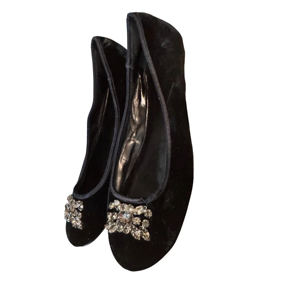 Lauren Ralph Lauren Black‎ Velvet Rhinestone Ballet Flats Shoes Women Size 9.5